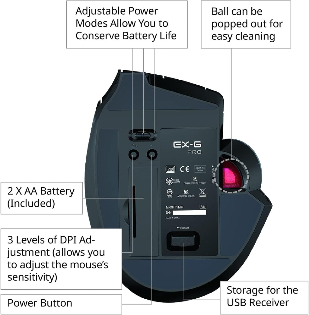 Wired Wireless Bluetooth Thumb-Operated Trackball Mouse, 8-Button, Black G455349