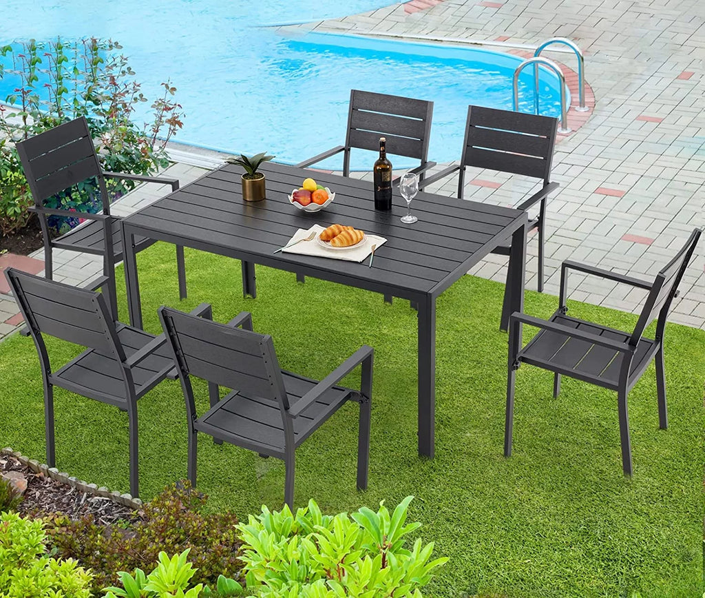 7 Piece Aluminum Outdoor Dining Set with Rectangular Table and 6 Chairs Black Z240184