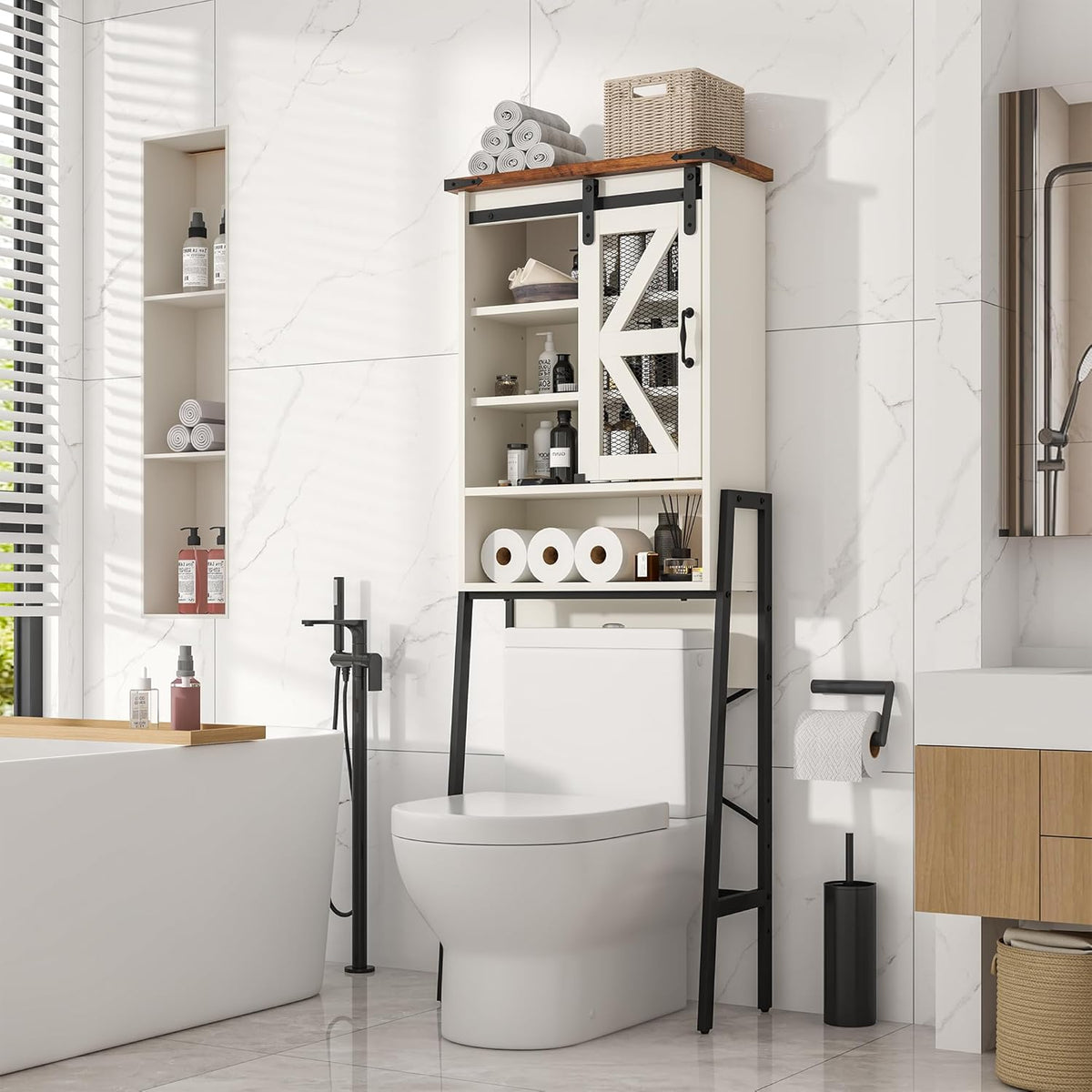 Off-White Over The Toilet Storage Cabinet with Adjustable Shelves and Barn Door C24418