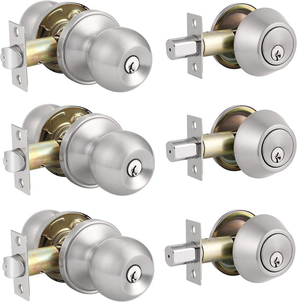 Entry Door Knobs with Single Cylinder Deadbolt, Satin Nickel Finish, Pack of 2 S968