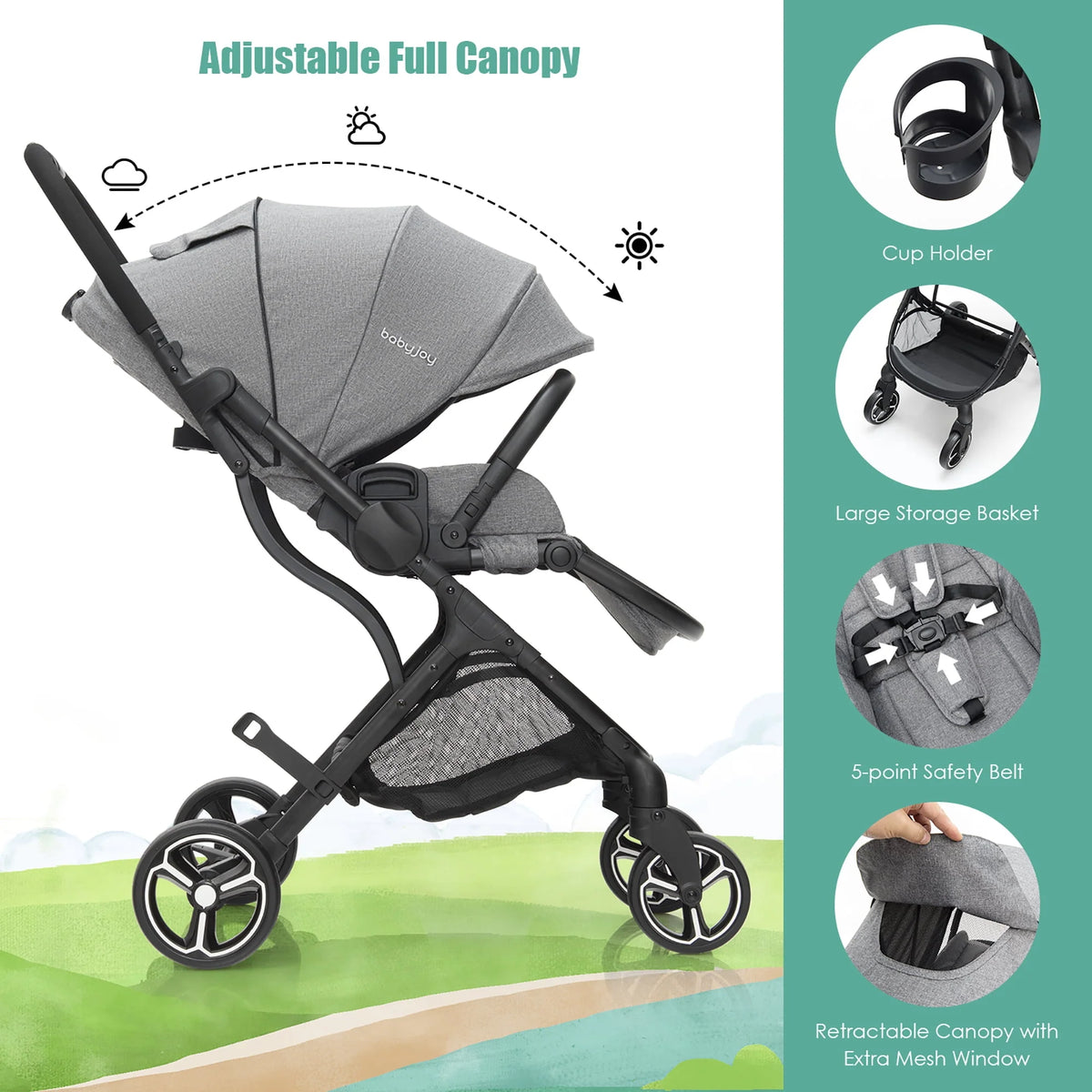 Foldable Baby Stroller with Reversible Reclining Seat Gray Q64213
