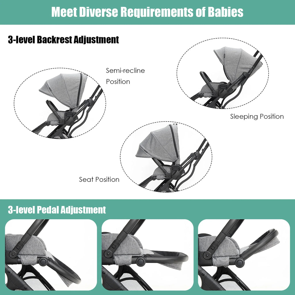 Foldable Baby Stroller with Reversible Reclining Seat Gray Q64213