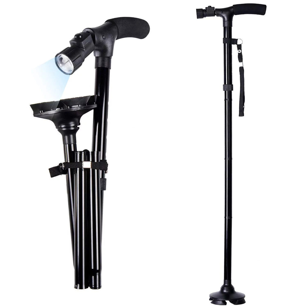 Folding Adjustable Cane with LED Light and Cushion T Handle C84639