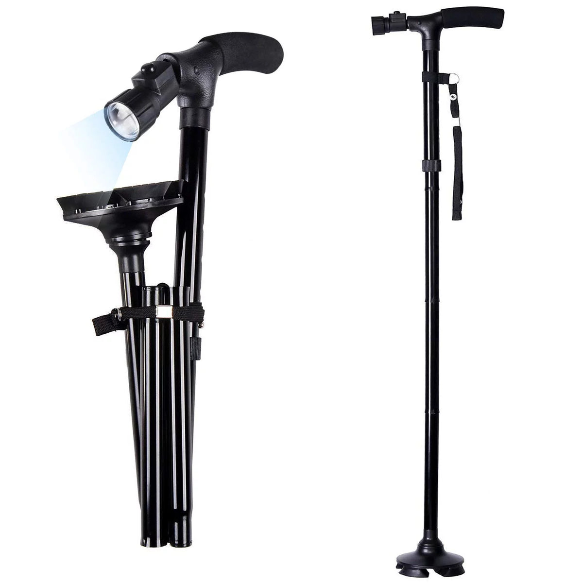 Folding Adjustable Cane with LED Light and Cushion T Handle C84639