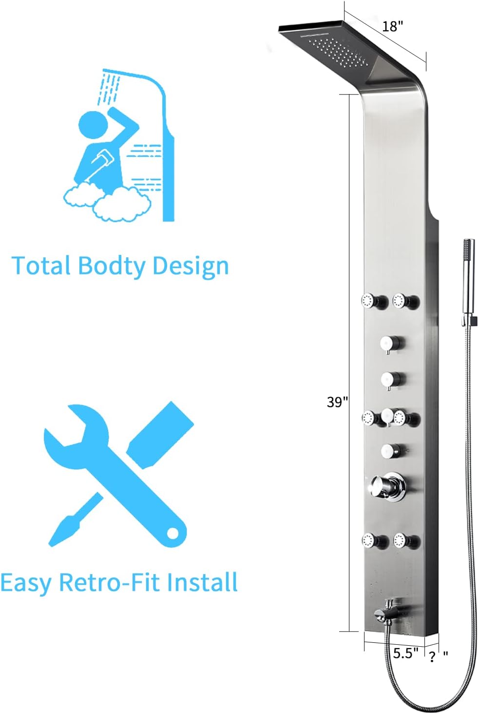 Real #304 Stainless Steel Wall Mount Shower Panel System S11160