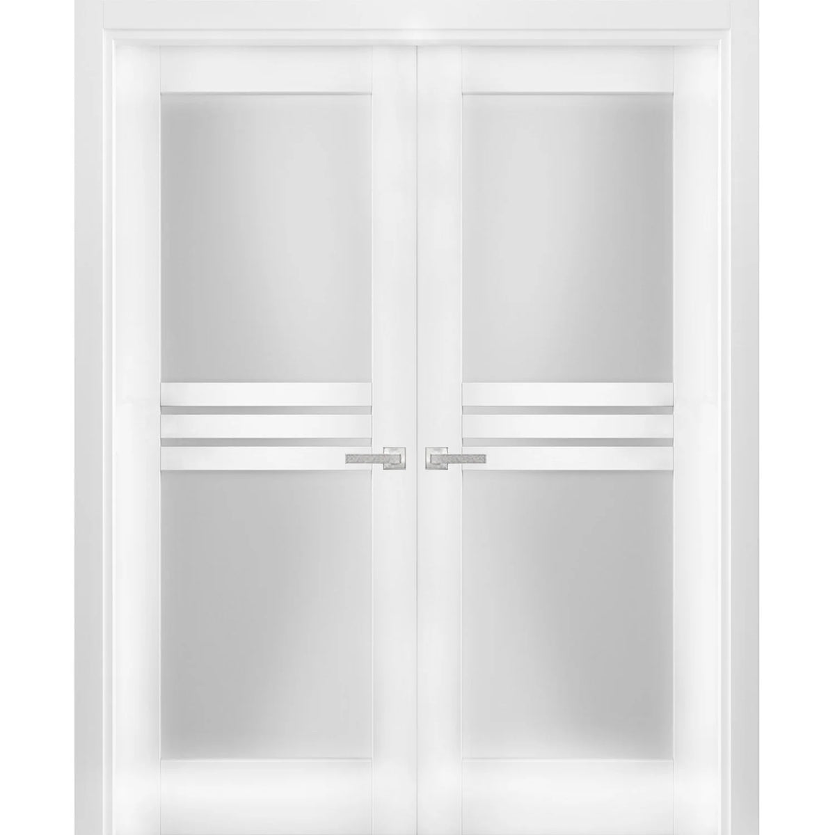 Solid French Double Doors 56 x 84 inches Opaque Glass 4 Lites White Silk Wood Solid Panel Frame G252