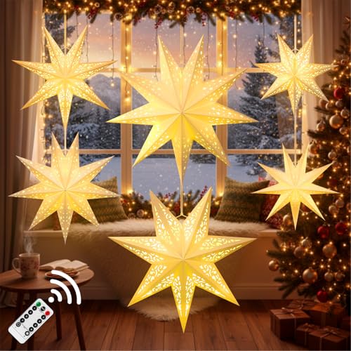 6 Pcs Christmas Paper Star Lanterns with LED Light, 3 Size Z978