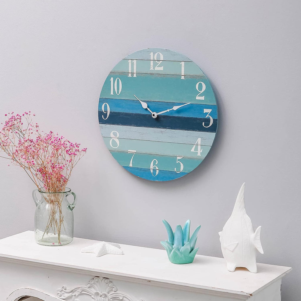 Rustic Coastal Blue Wood Round Wall Clock F99179