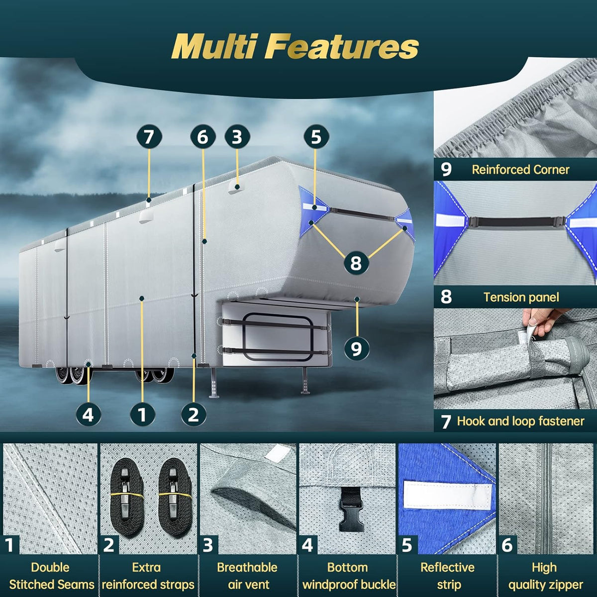 5th Wheel Travel Trailer Cover with 4 Tire Covers & Storage Bag J4075