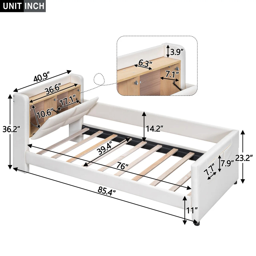 Twin Size Upholstered Platform Bed with Guardrail and Storage Headboard T1300