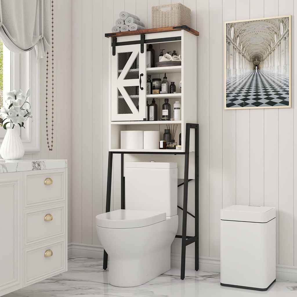 Off-White Over The Toilet Storage Cabinet with Adjustable Shelves and Barn Door C24418