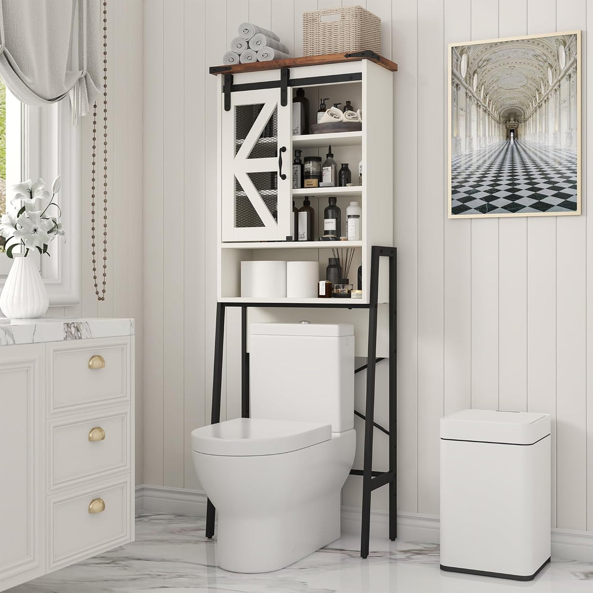 Off-White Over The Toilet Storage Cabinet with Adjustable Shelves and Barn Door C24418