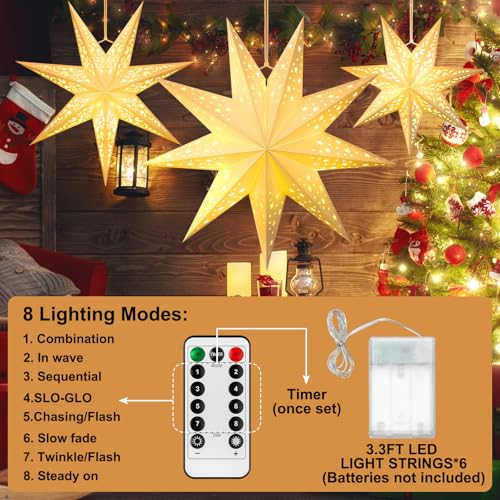 6 Pcs Christmas Paper Star Lanterns with LED Light, 3 Size Z978