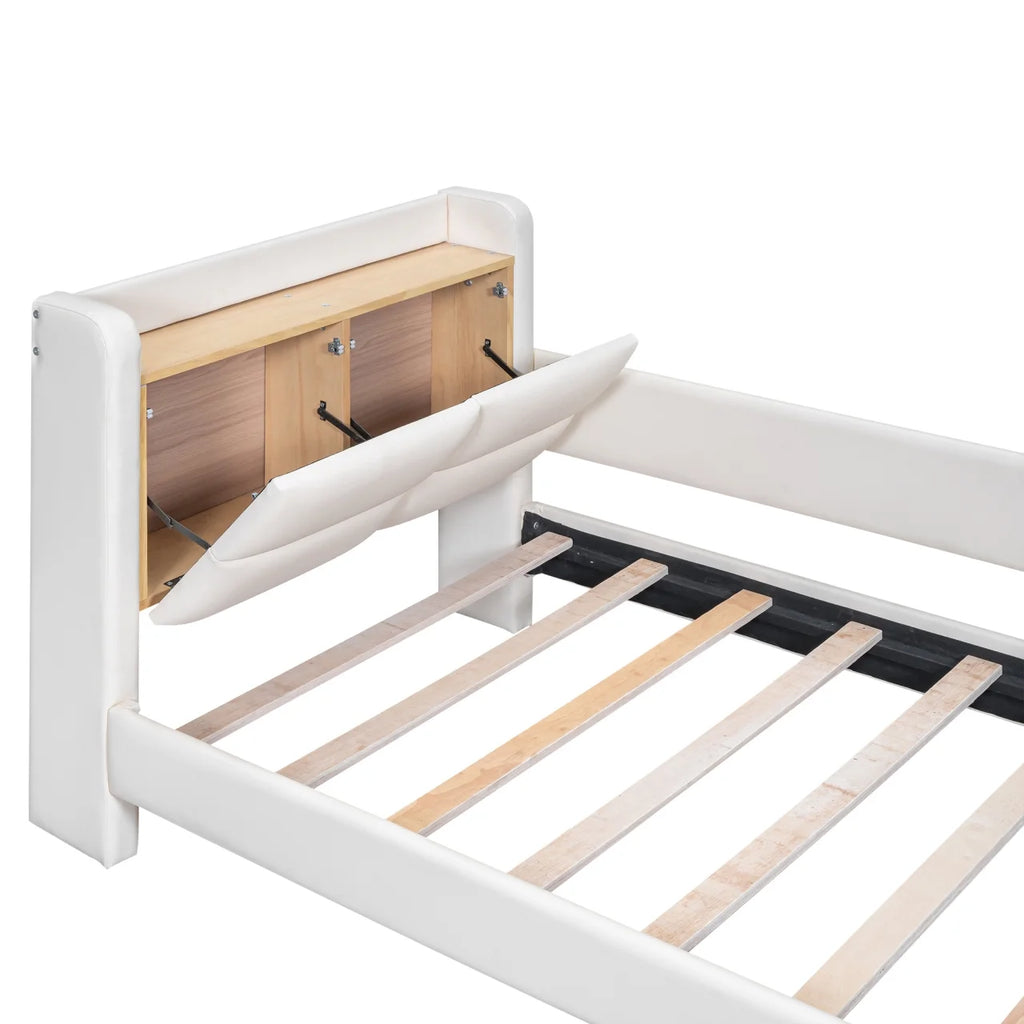 Twin Size Upholstered Platform Bed with Guardrail and Storage Headboard T1300
