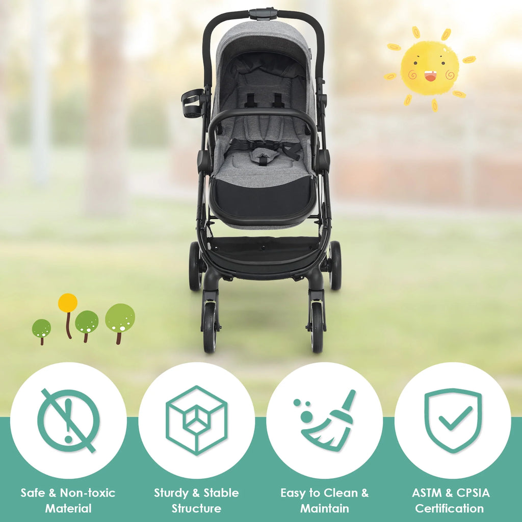 Foldable Baby Stroller with Reversible Reclining Seat Gray Q64213