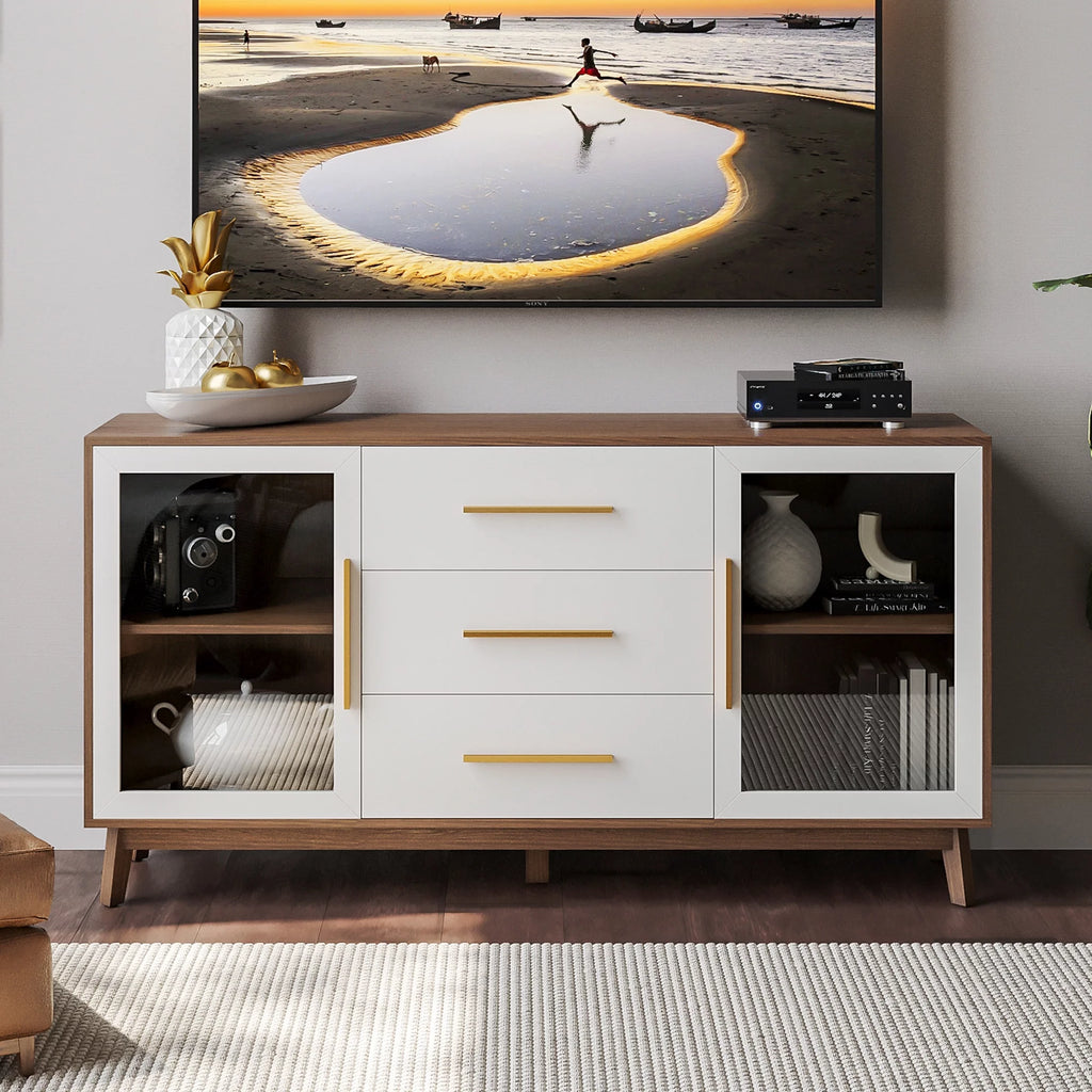 White Sideboard Buffet Cabinet with 3 Drawers & 2 Doors Y655701