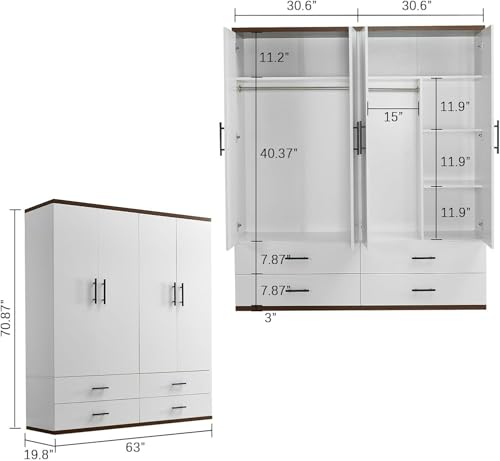 White 4 Door Wood Armoire Wardrobe with 2 Hanging Rods and 2 Drawers U8458