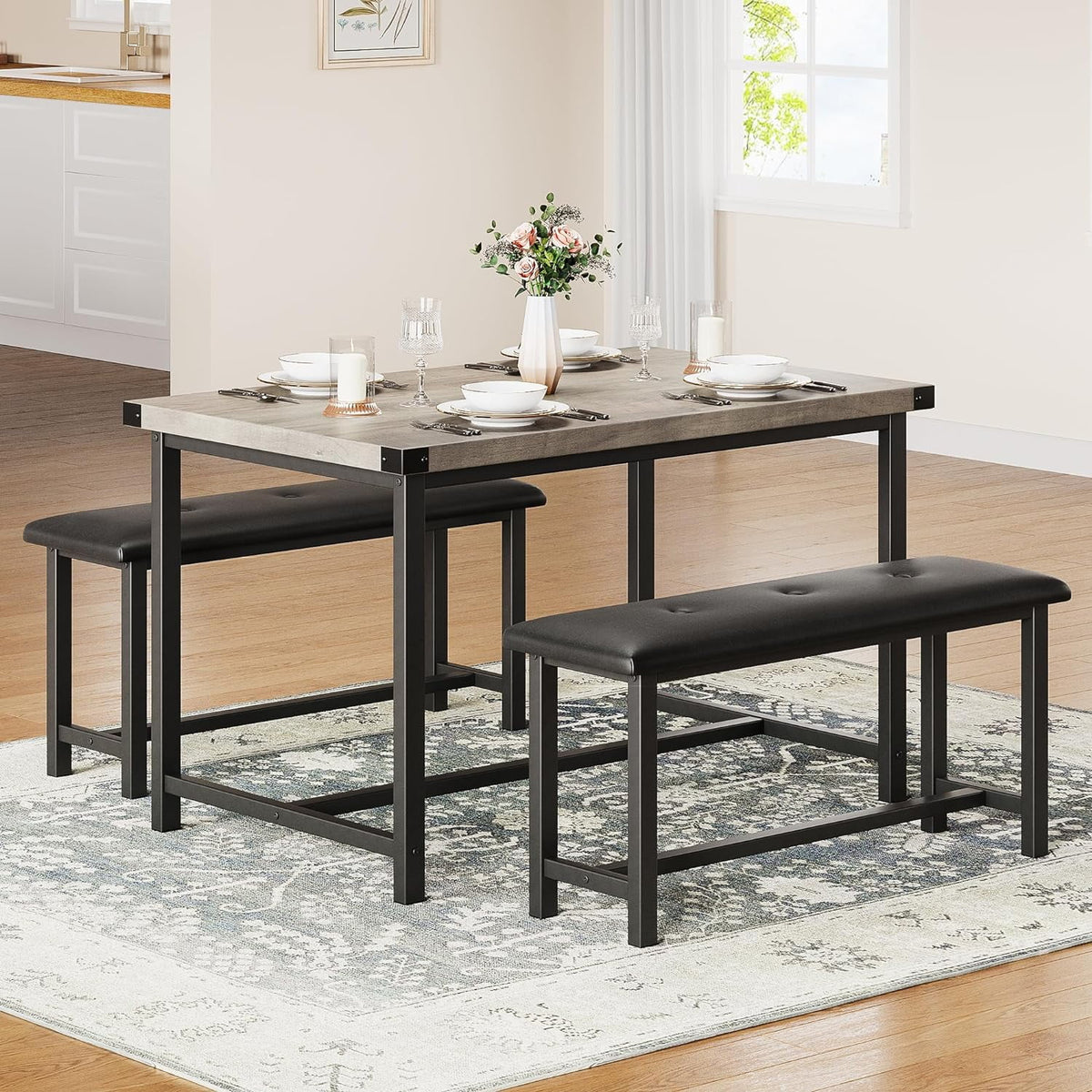 Rustic Grey 3 Piece Dining Table Set with 2 Benches F92915