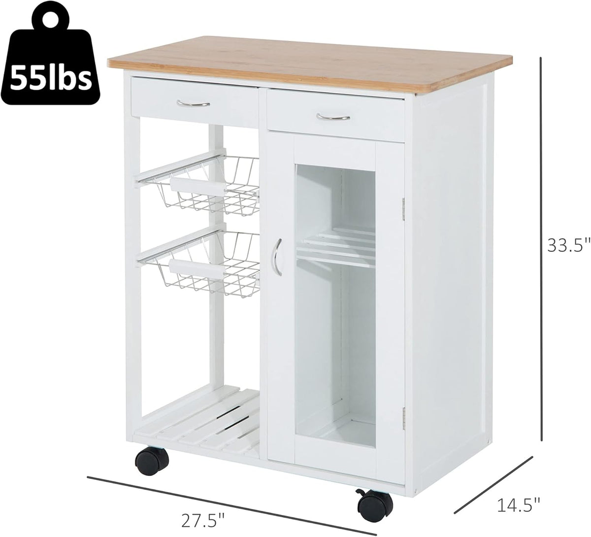 White Rolling Kitchen Trolley with Bamboo Top R6451