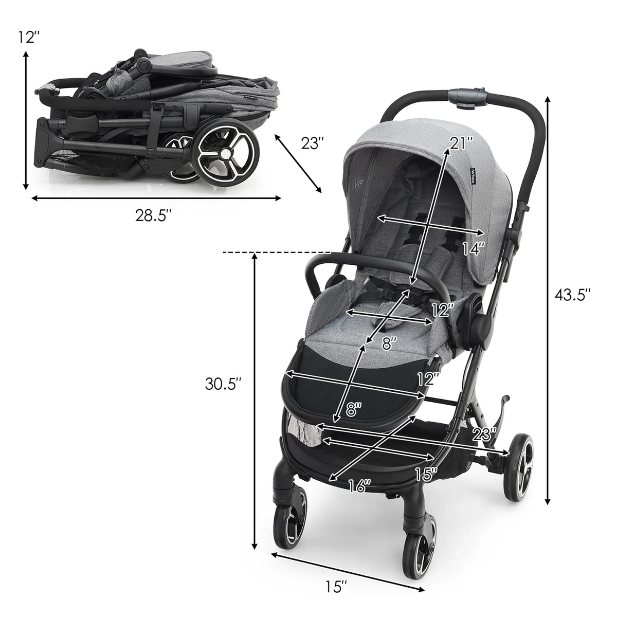 Foldable Baby Stroller with Reversible Reclining Seat Gray Q64213