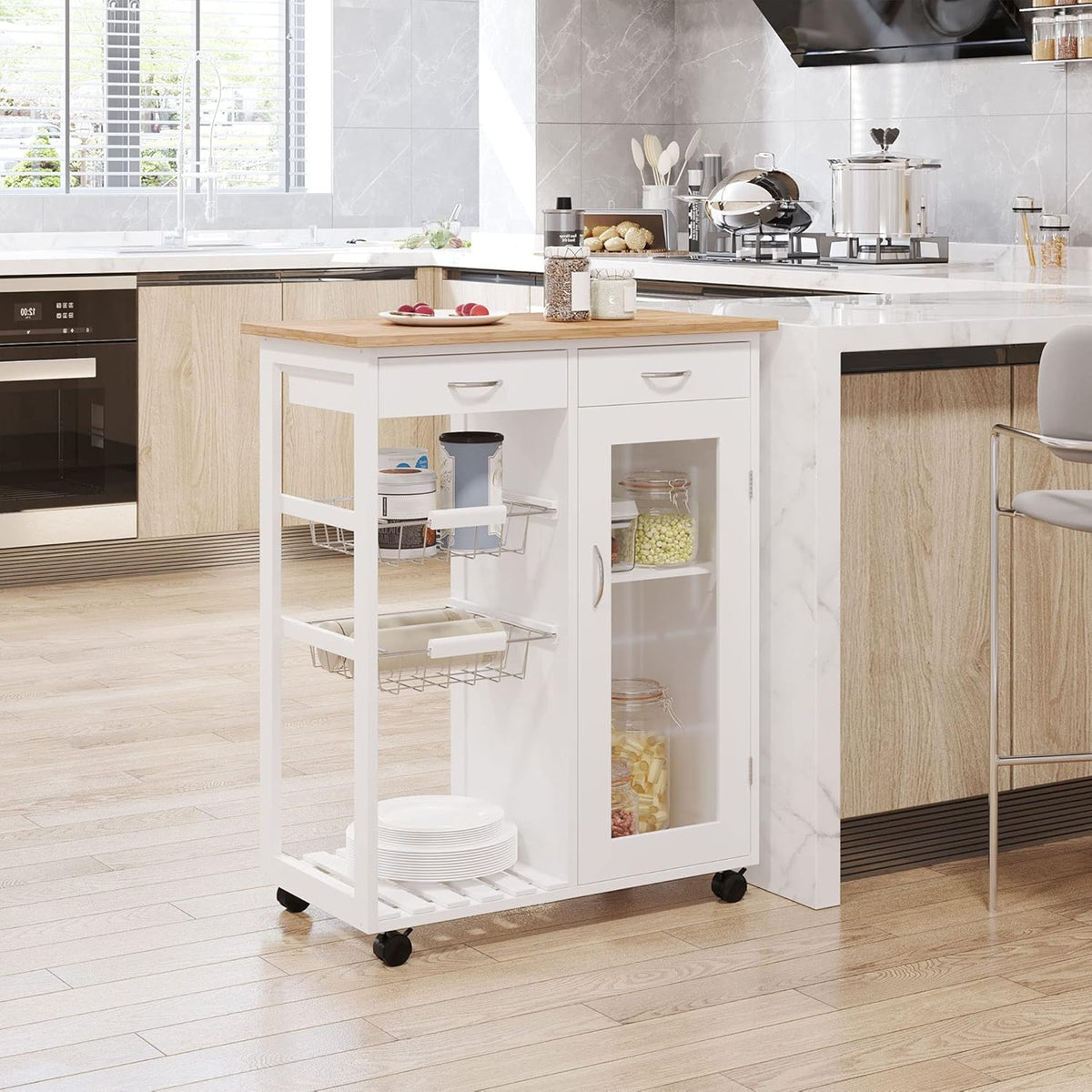 White Rolling Kitchen Trolley with Bamboo Top R6451