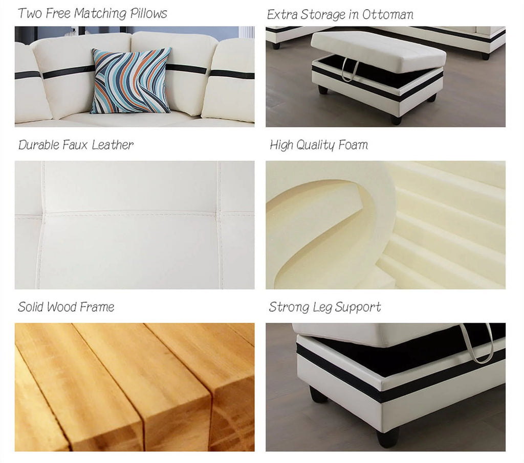 White & Black Faux Leather Sectional with Ottoman F68836