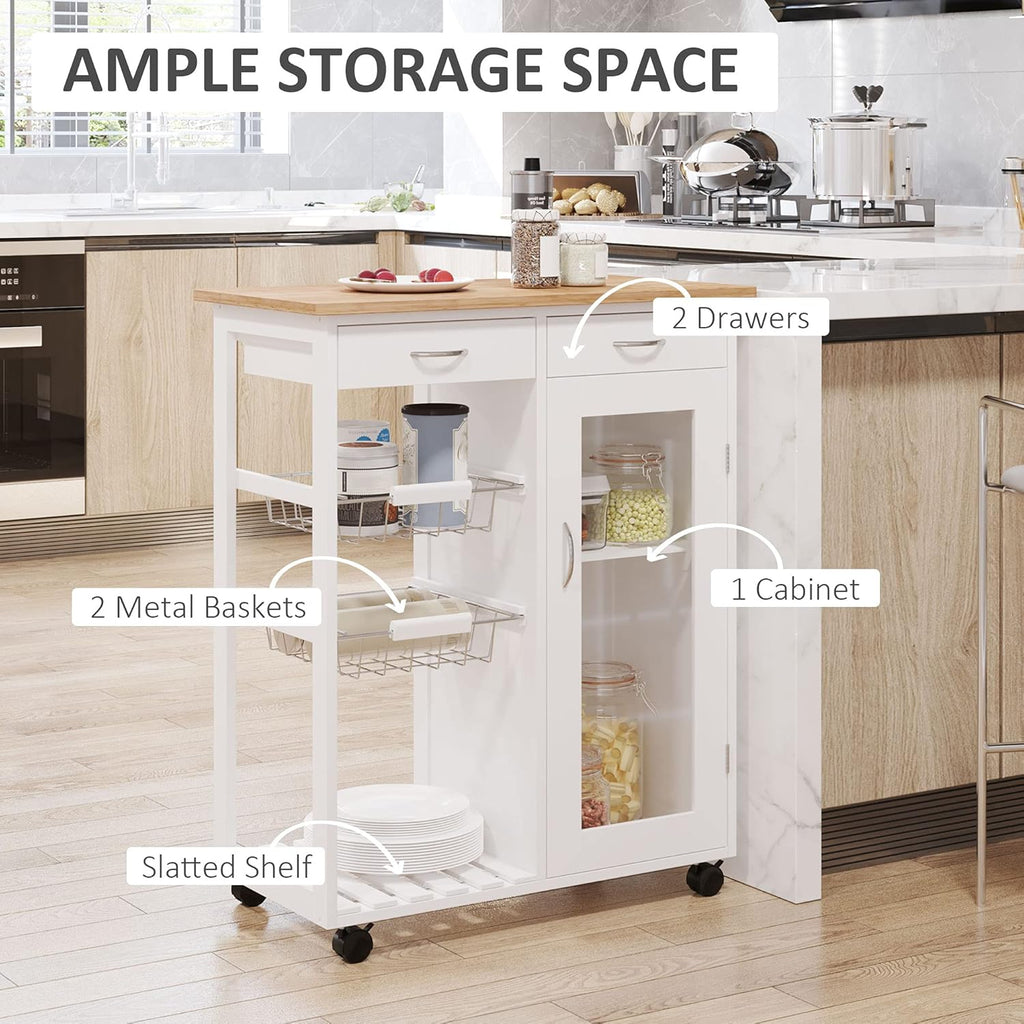 White Rolling Kitchen Trolley with Bamboo Top R6451