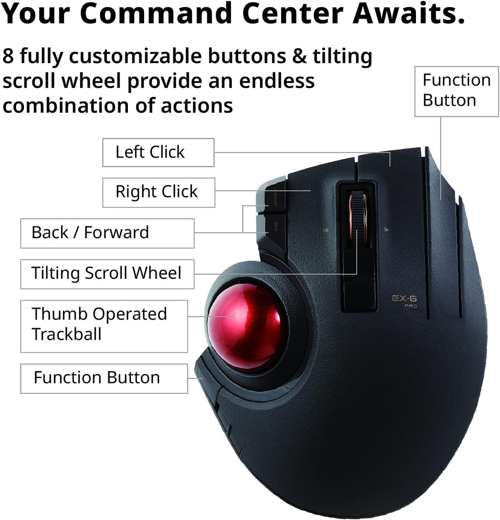 Wired Wireless Bluetooth Thumb-Operated Trackball Mouse, 8-Button, Black G455349