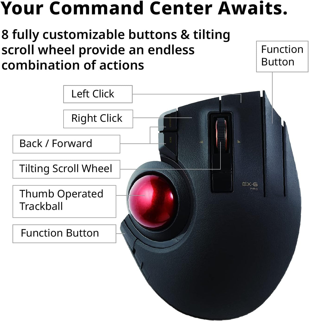 Wired Wireless Bluetooth Thumb-Operated Trackball Mouse, 8-Button, Black G455349
