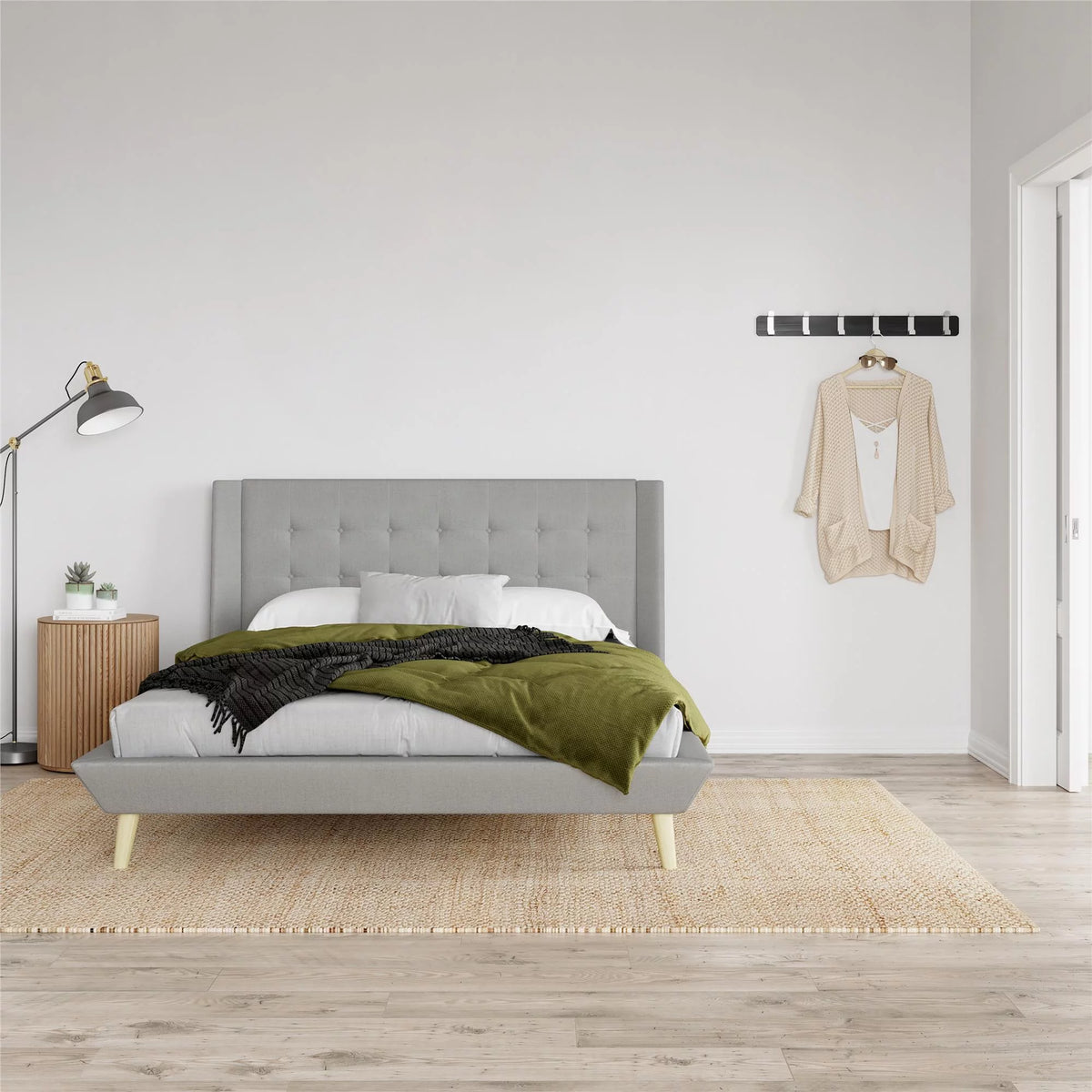 Light Gray Linen Upholstered Bed with Low Profile Platform Frame, Full J161209