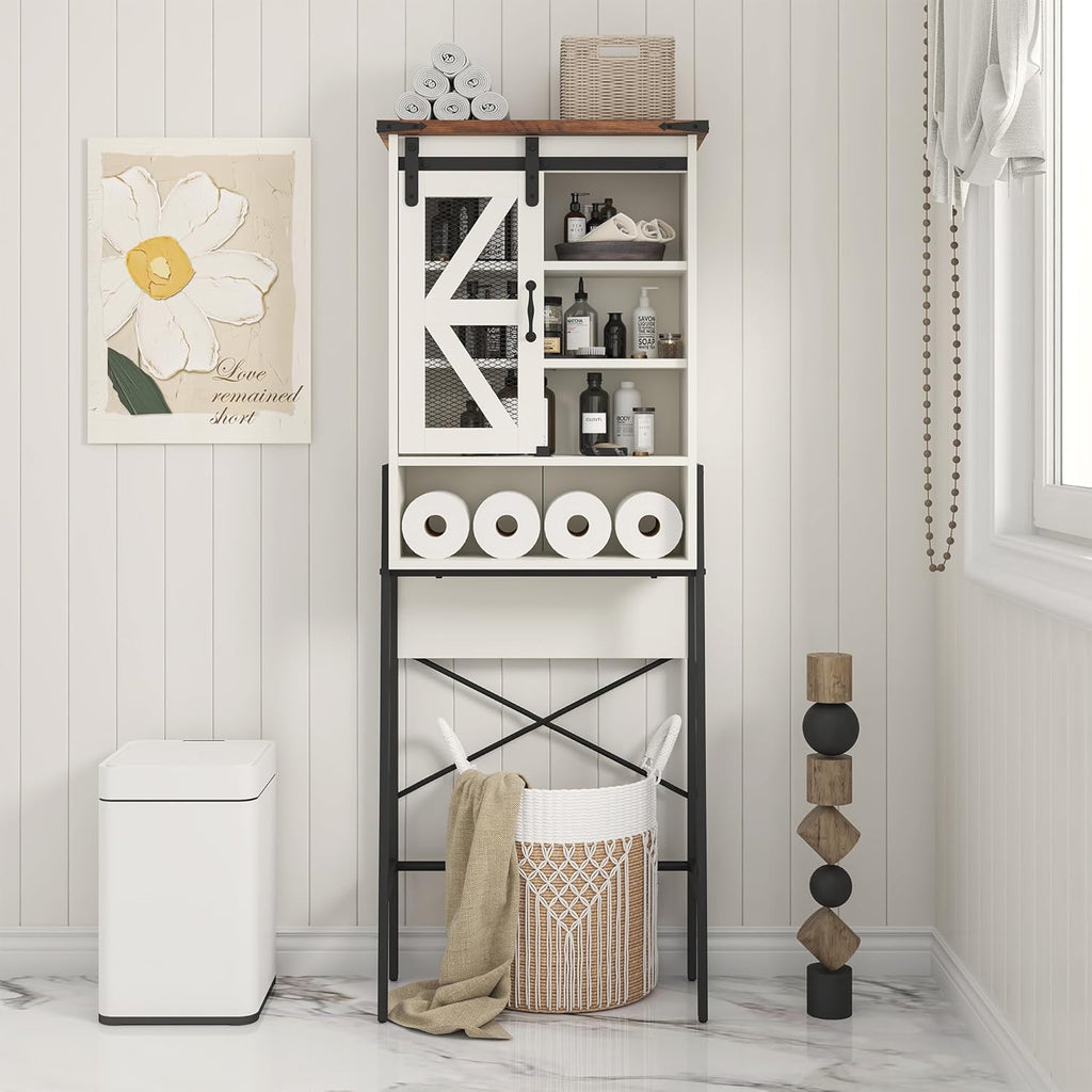 Off-White Over The Toilet Storage Cabinet with Adjustable Shelves and Barn Door C24418