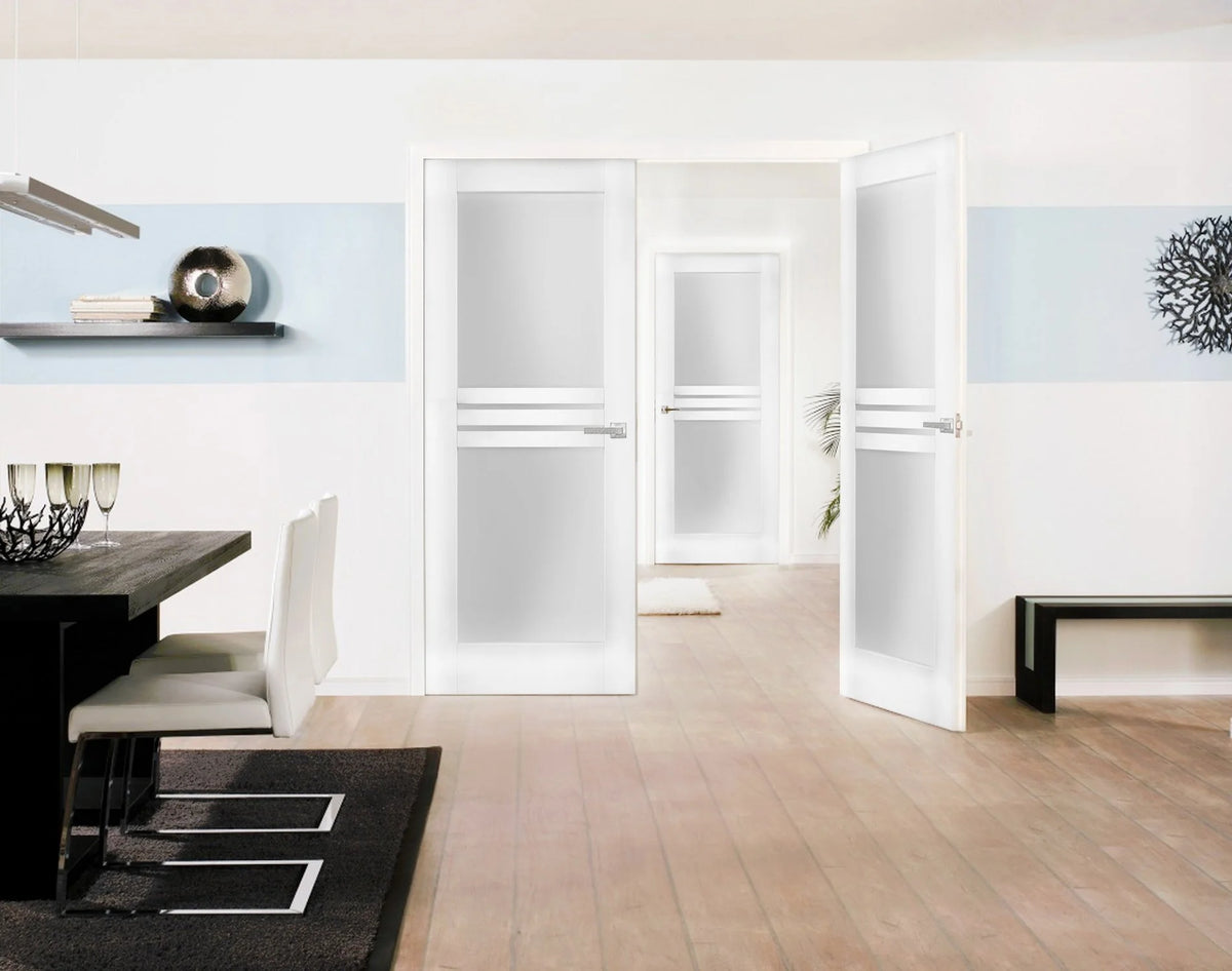 Solid French Double Doors 56 x 84 inches Opaque Glass 4 Lites White Silk Wood Solid Panel Frame G252