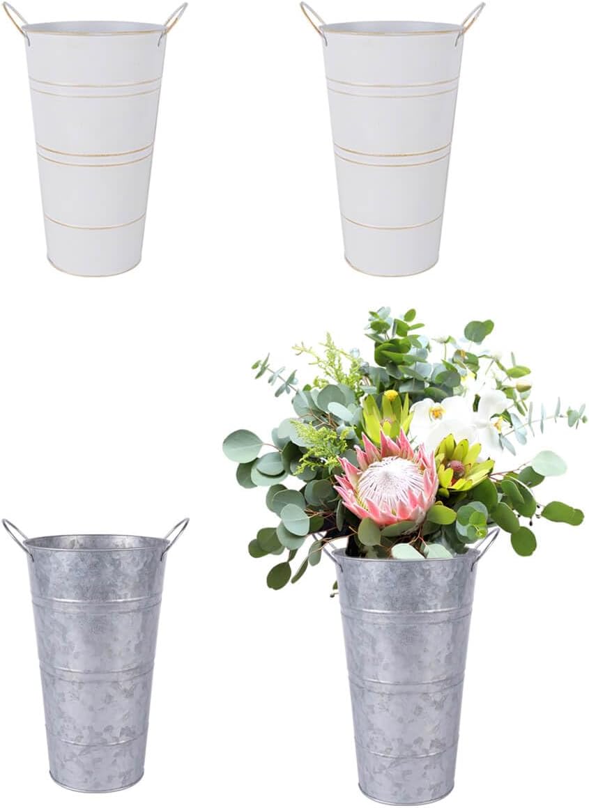 2 Pcs White and 2 Pcs Silver Galvanized Metal Vases with Handles O6773