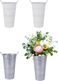 2 Pcs White and 2 Pcs Silver Galvanized Metal Vases with Handles O6773