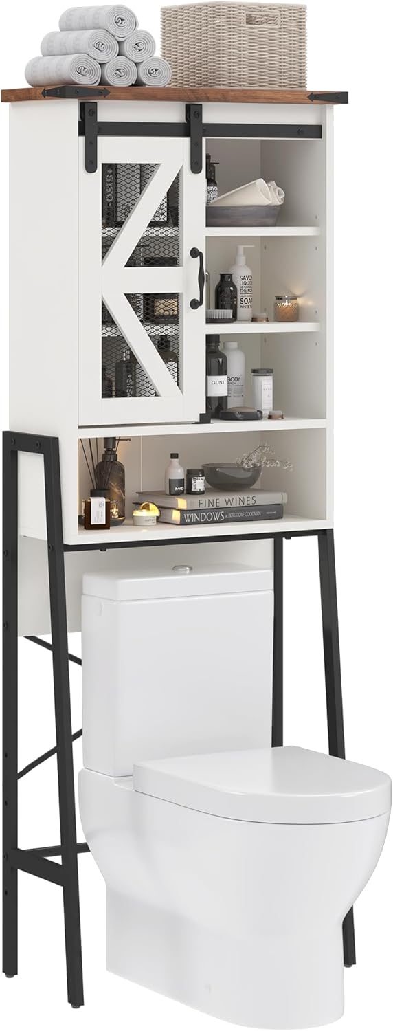 Off-White Over The Toilet Storage Cabinet with Adjustable Shelves and Barn Door C24418
