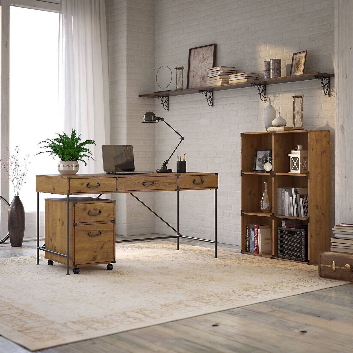 Golden Pine Writing Desk with Organizer and Cabinet O123557