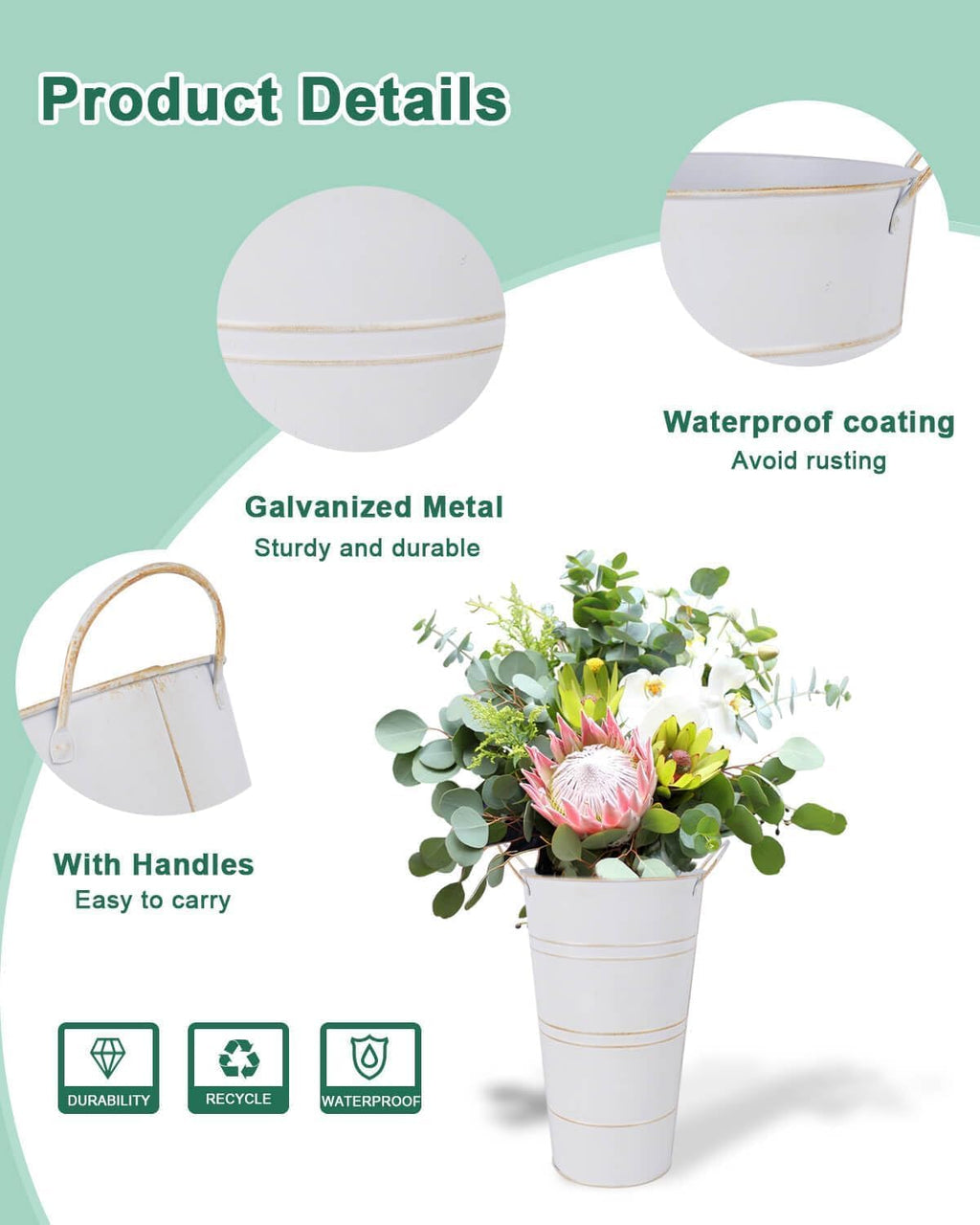 2 Pcs White and 2 Pcs Silver Galvanized Metal Vases with Handles O6773