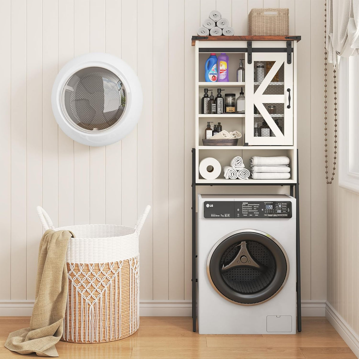 Off-White Over The Toilet Storage Cabinet with Adjustable Shelves and Barn Door C24418