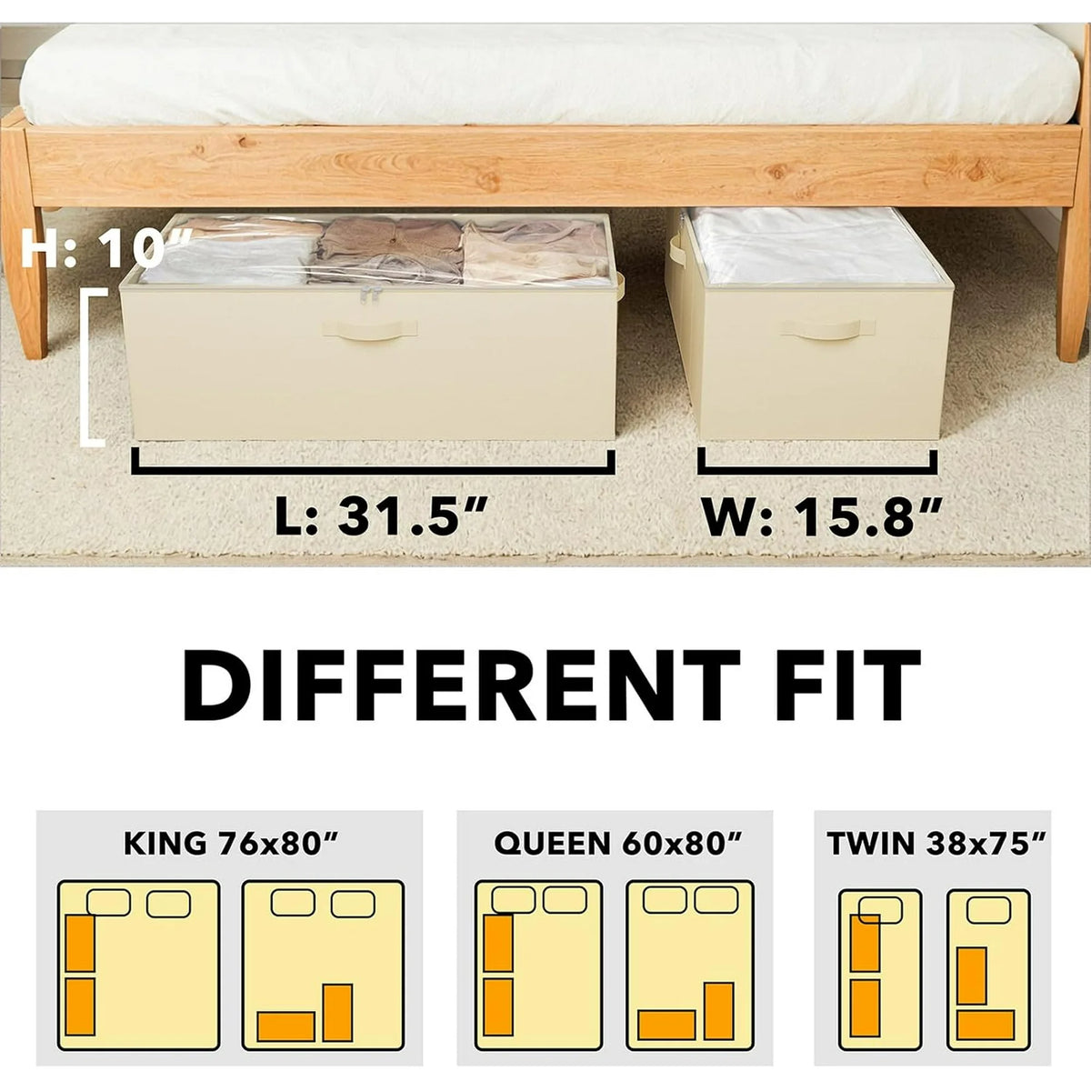 2 Pack 10 High Under Bed Storage Containers with Lids (Beige) J240