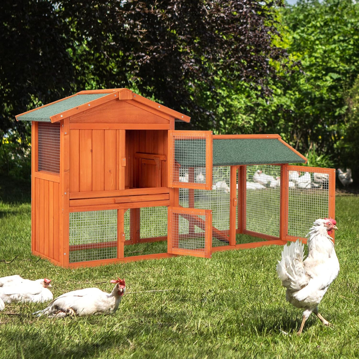 61" Wooden Chicken Coop on Wheels with Waterproof Tray G44759