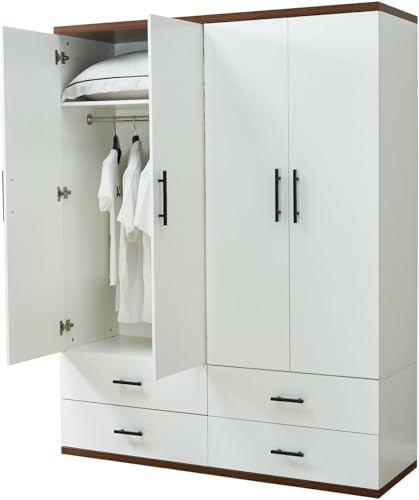White 4 Door Wood Armoire Wardrobe with 2 Hanging Rods and 2 Drawers U8458