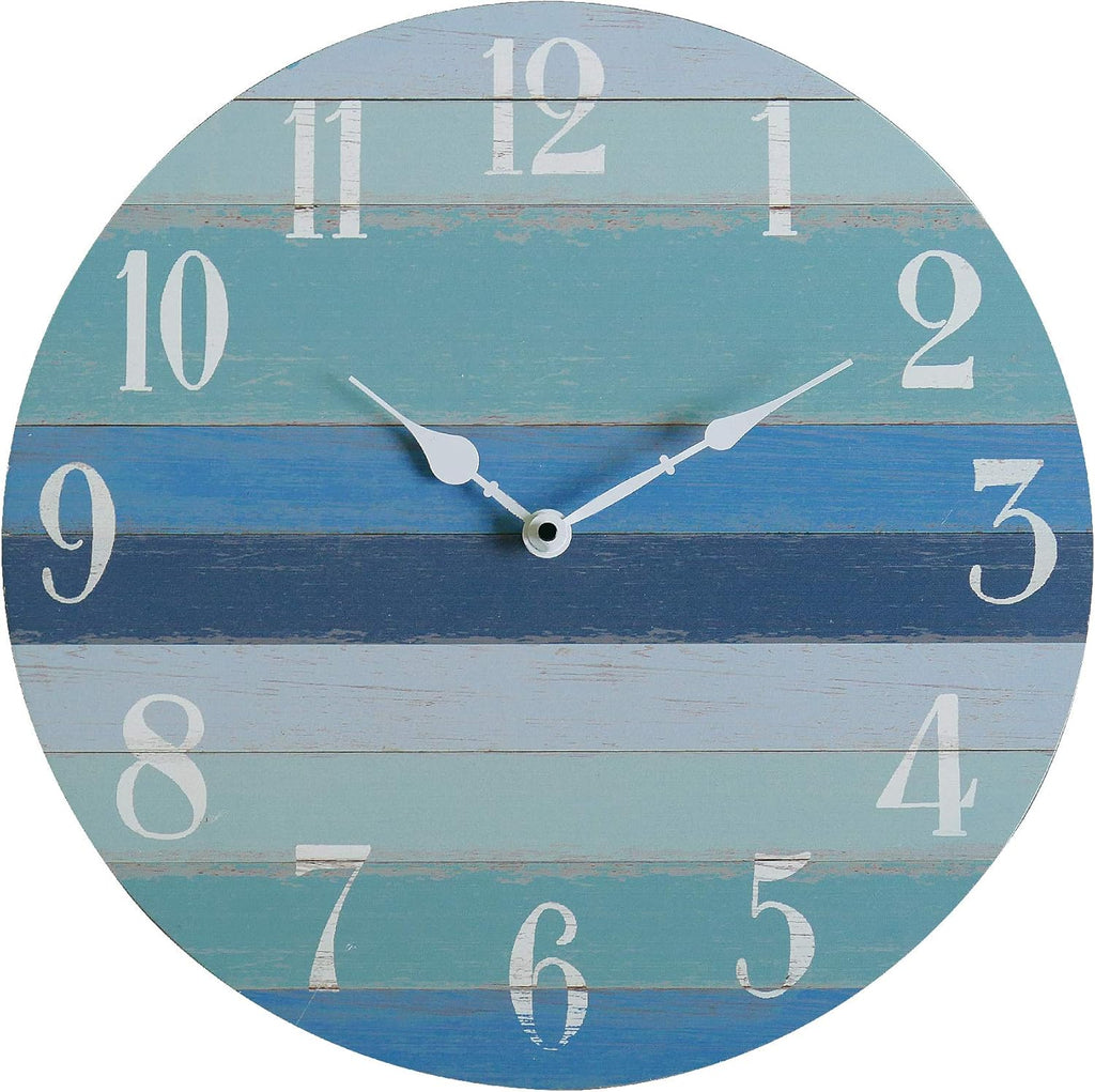 Rustic Coastal Blue Wood Round Wall Clock F99179