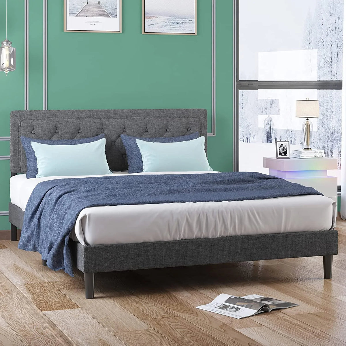 Full Upholstered Platform Bed Frame with Headboard Z300