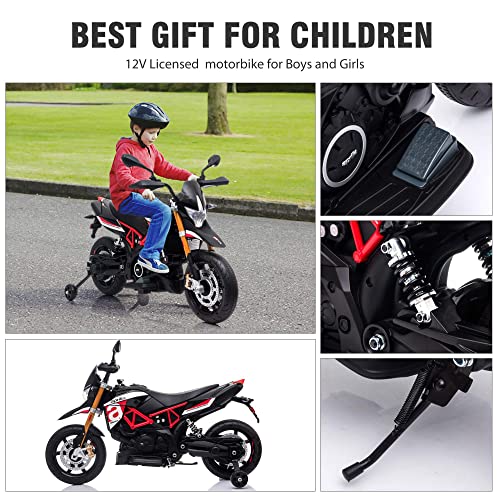 12V Kids Ride-On Motorcycle with Training Wheels, Spring Suspension, Lights, Music (Red) R7540
