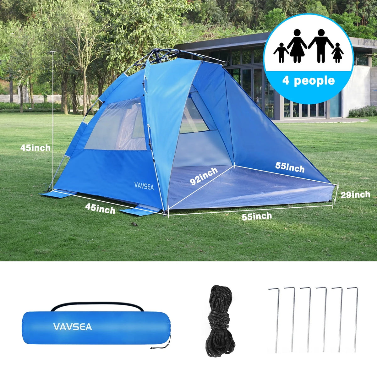 2-4 Person Pop-up Beach Tent UPF 50+ UV Protection Portable Waterproof Sunshade Blue A535