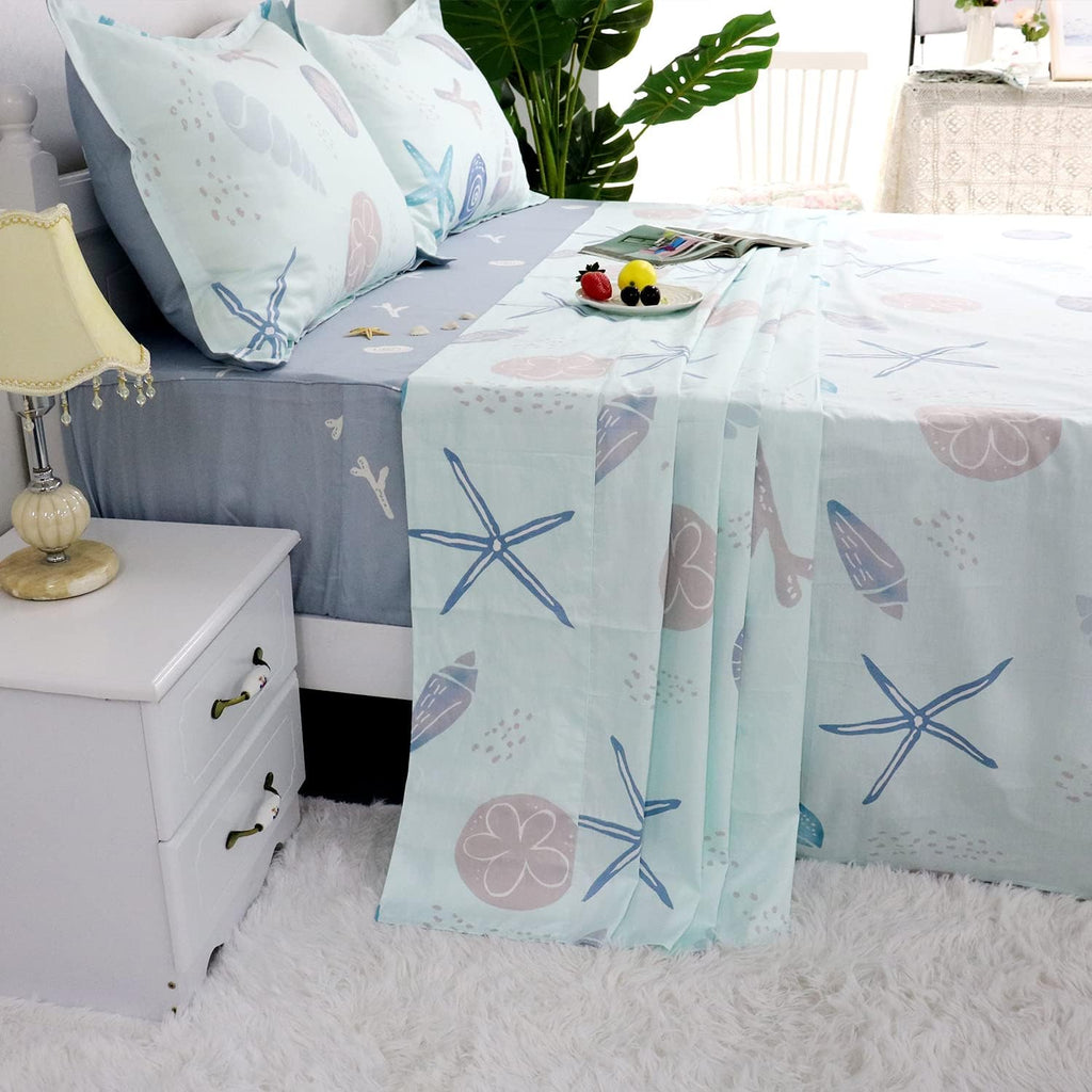 White Printed Cotton Bed Sheets, 4 Pcs, Full C42503