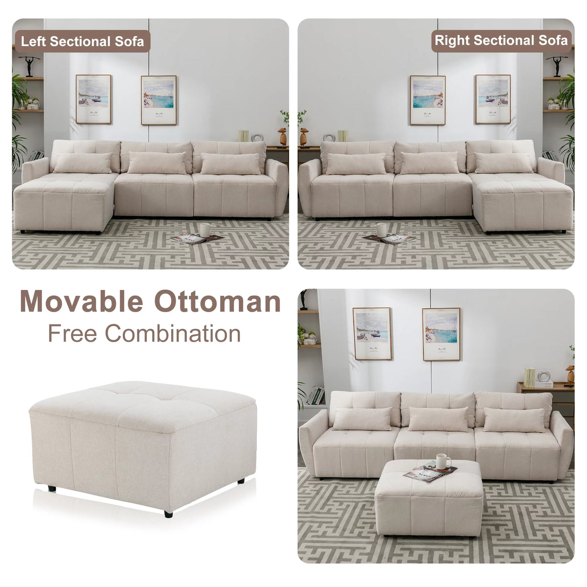 Beige Chenille L Shaped Sectional Sofa with Ottoman A770980