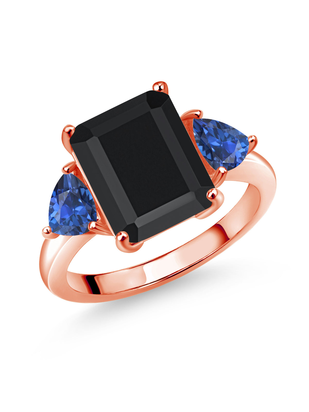 18K Rose Gold Plated Silver Black Onyx Blue Created Sapphire 3 Stone Ring D79232