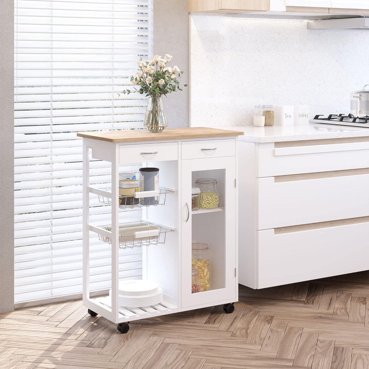 White Rolling Kitchen Trolley with Bamboo Top R6451