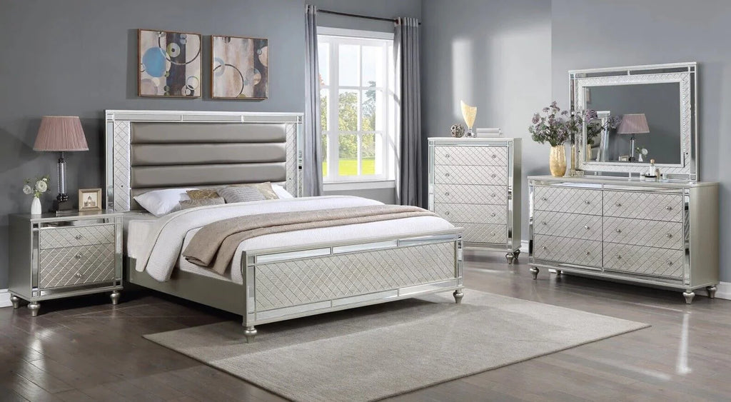 4pc King Size Upholstery LED Bed Dresser Mirror Nightstand Wooden Furniture Set P52300